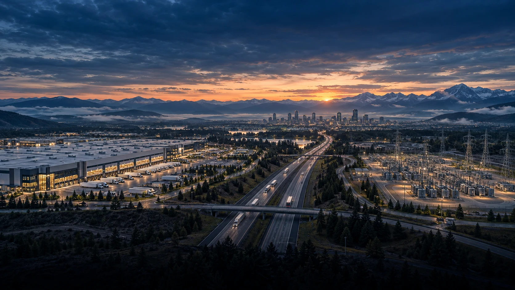 Illustrative panorama connecting a logistics center, a highway, and energy infrastructure