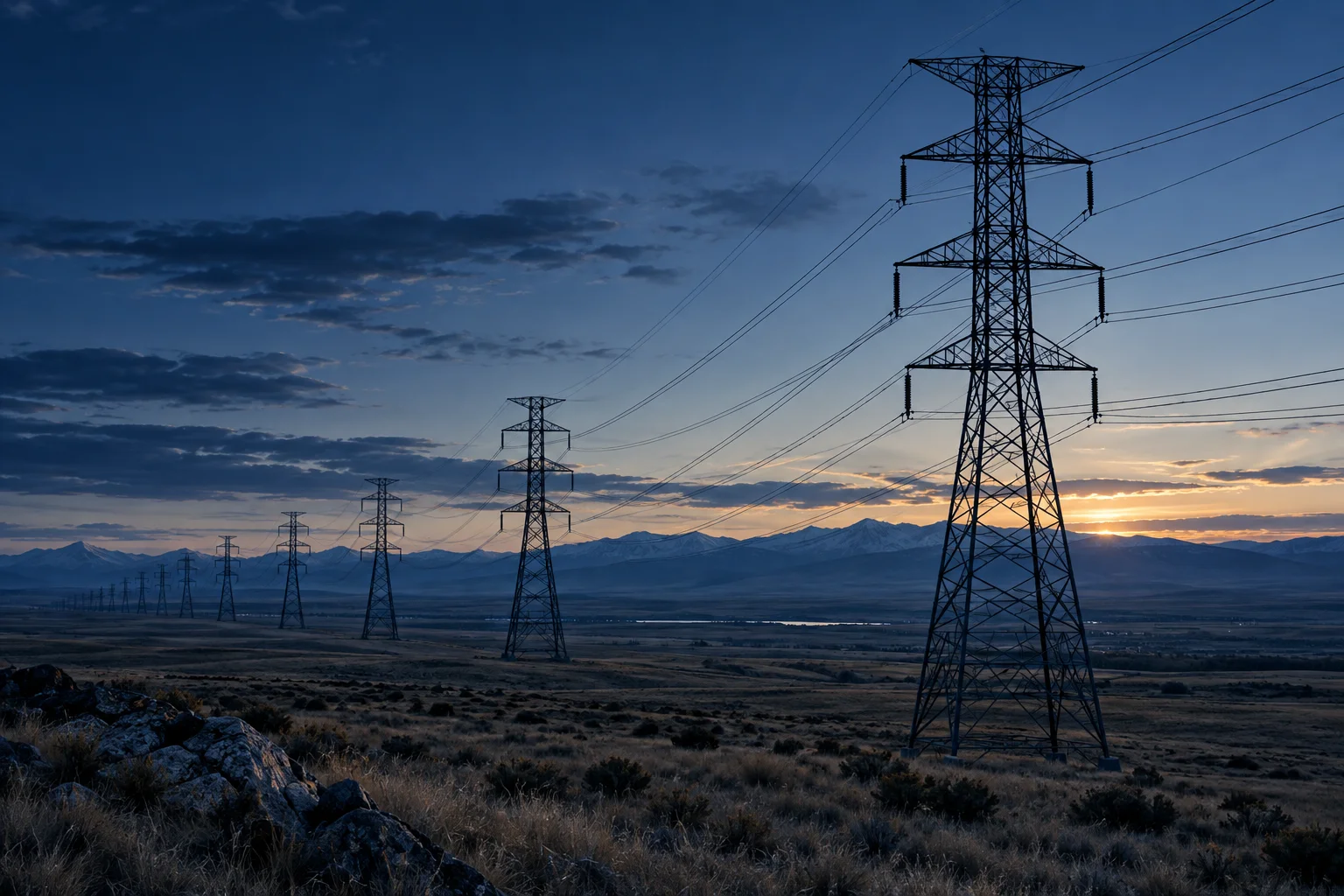 Illustrative electrical transmission towers across open plains