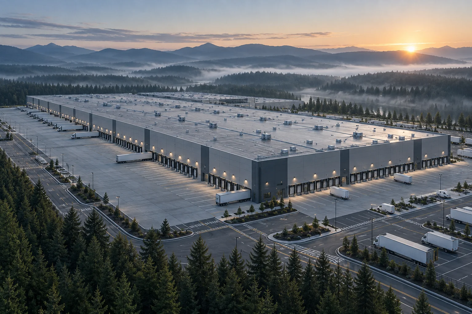 Illustrative aerial view of a logistics distribution center