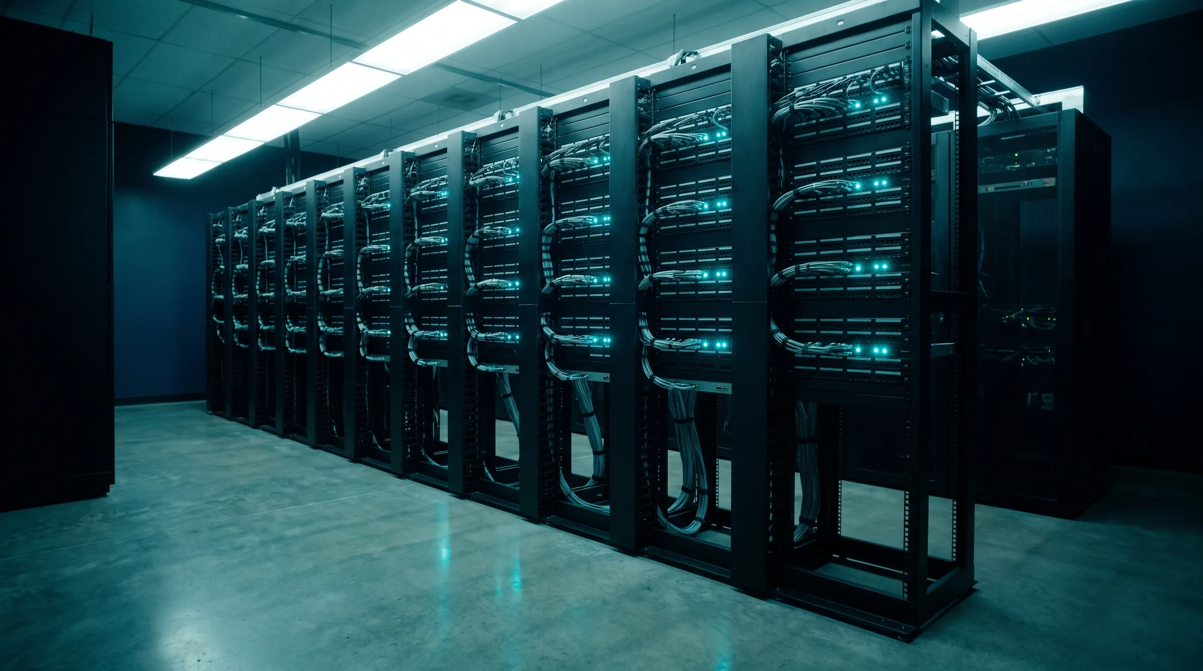 Telecom equipment room, racks with cyan status lights