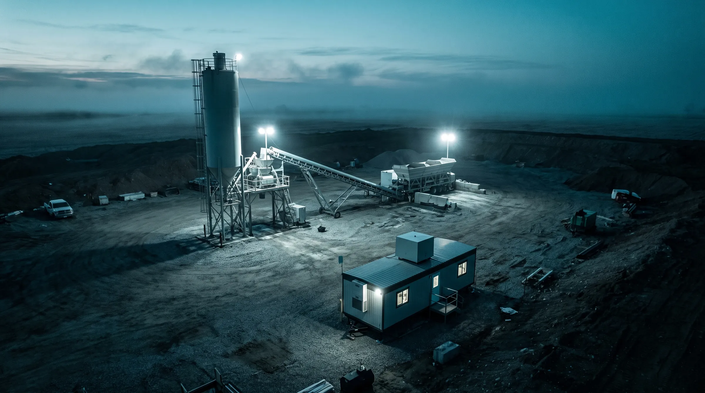 Aerial view of a mobile concrete plant at dusk