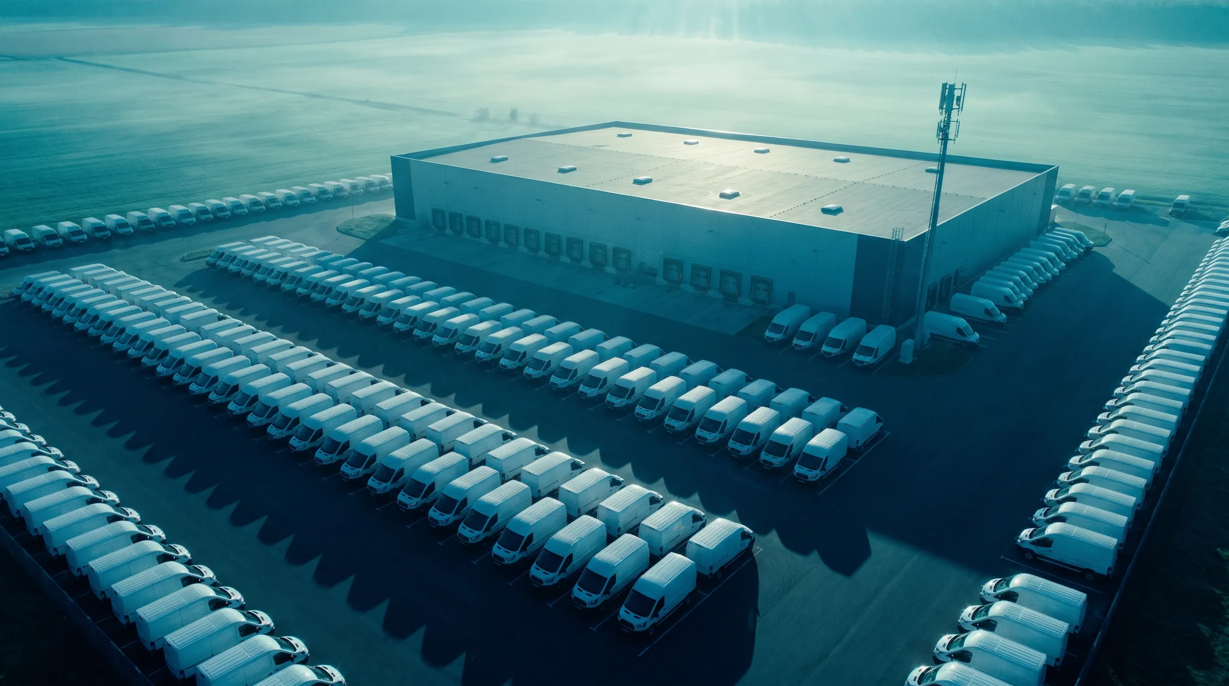 Aerial view of a logistics distribution yard at dusk