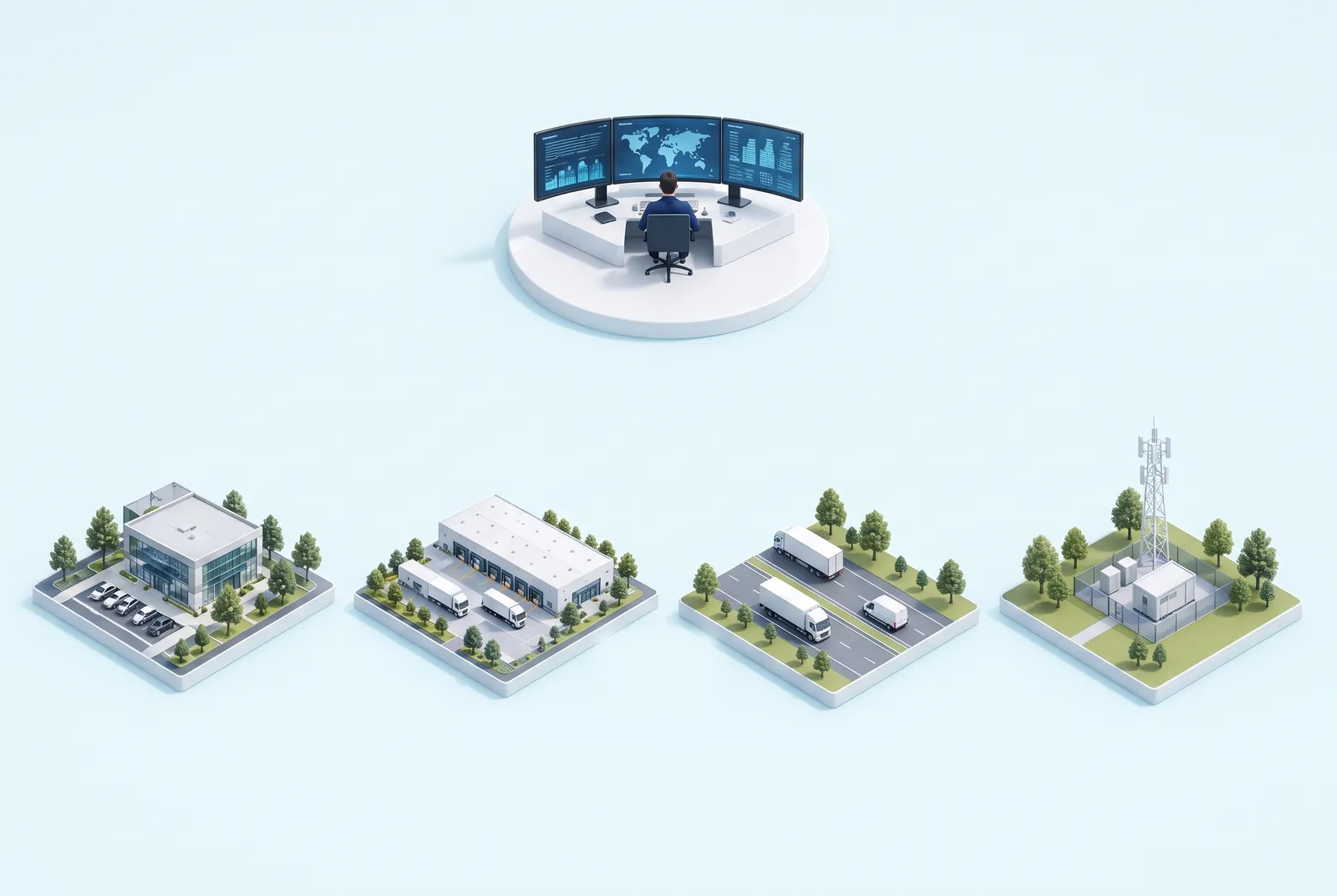 Illustrative managed network: a network operations desk connected to a branch office, a distribution site, vehicles on the road and a remote site.