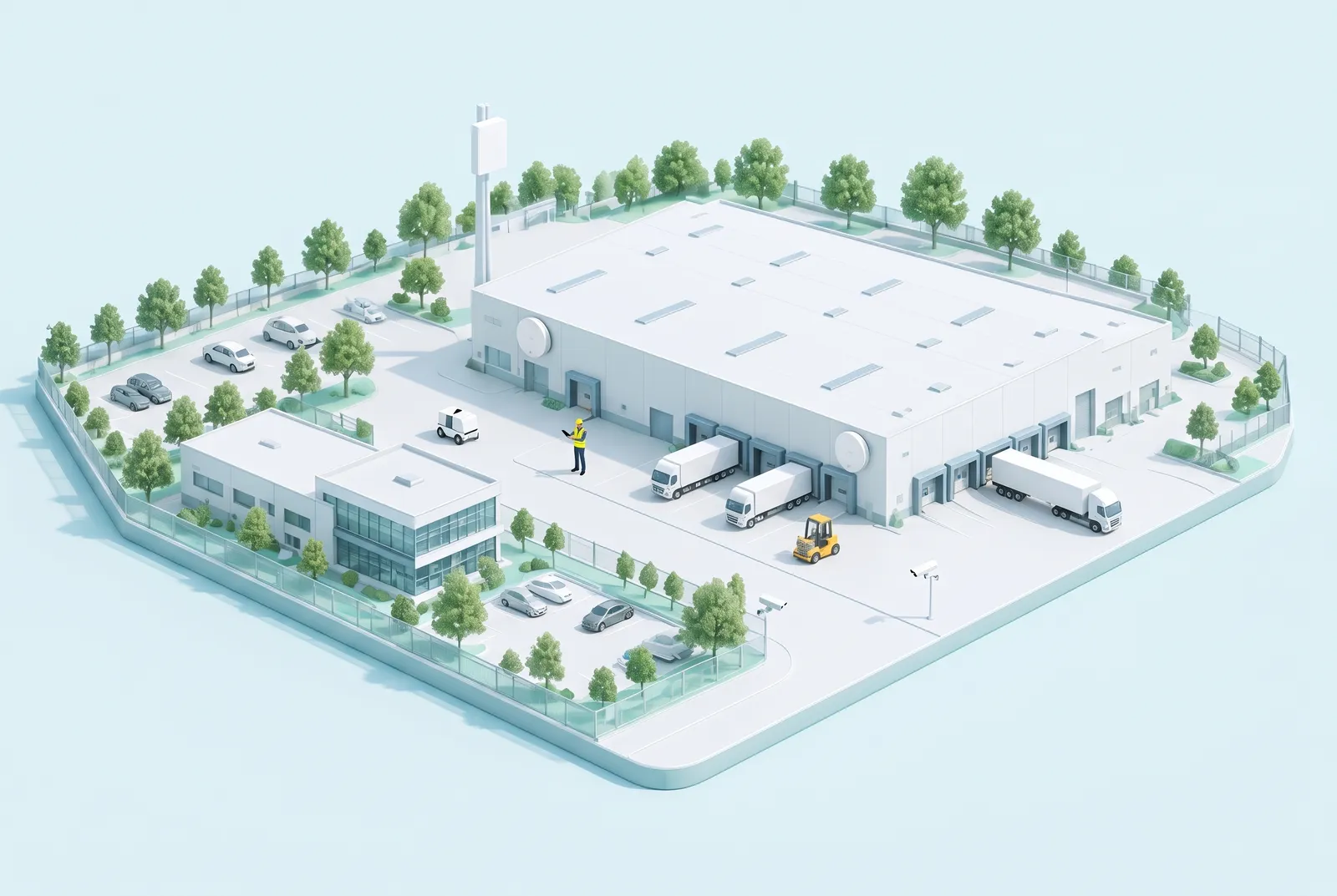 Illustrative private cellular site: an outdoor radio mast and indoor radios cover a warehouse campus, connecting handheld scanners, an autonomous cart, a forklift and security cameras.