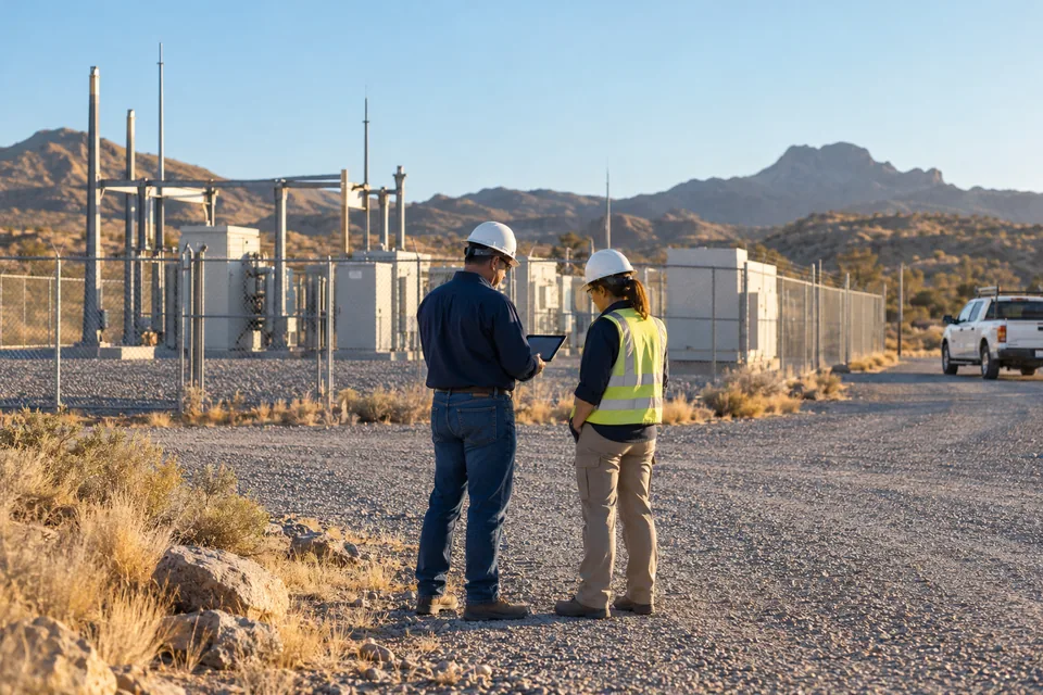Field engineers reviewing a tablet outside a utility compound