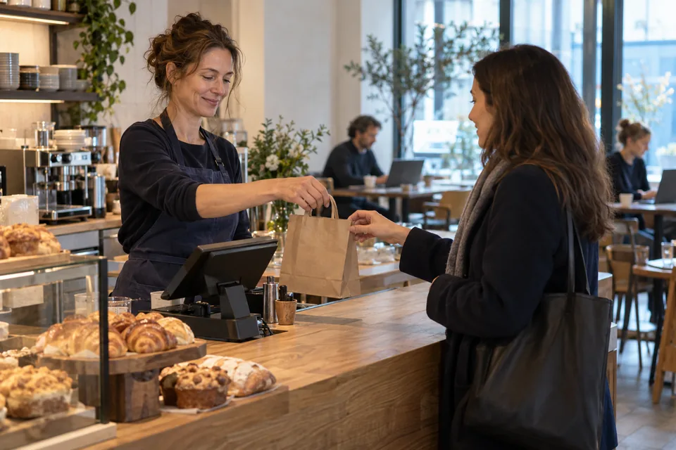 Cafe owner helping a customer beside a point-of-sale terminal