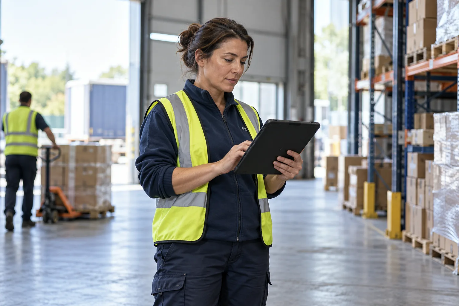 Warehouse shift lead using a tablet near a loading area