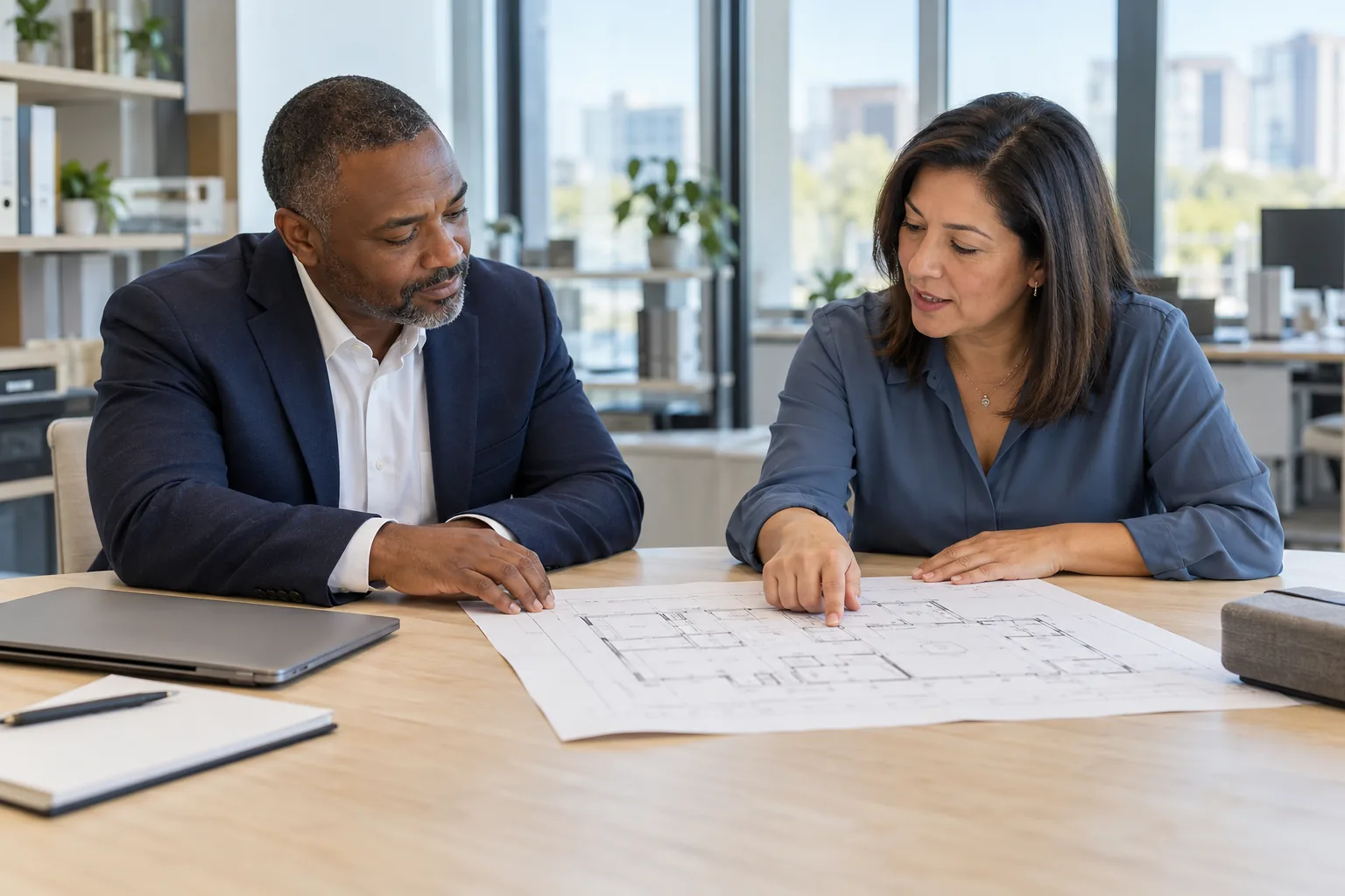 Business and technical professionals reviewing a building plan