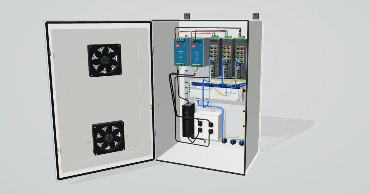 Netcom reference enclosure with power supplies, PoE switches and labelled cable runs