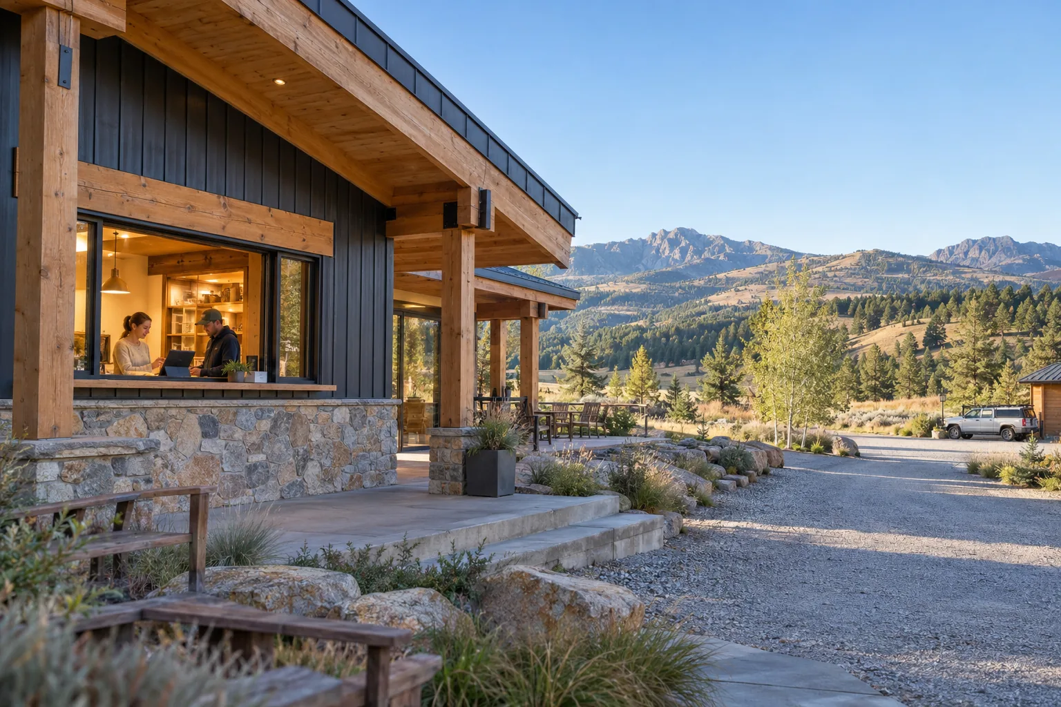 Remote lodge business in wooded foothills