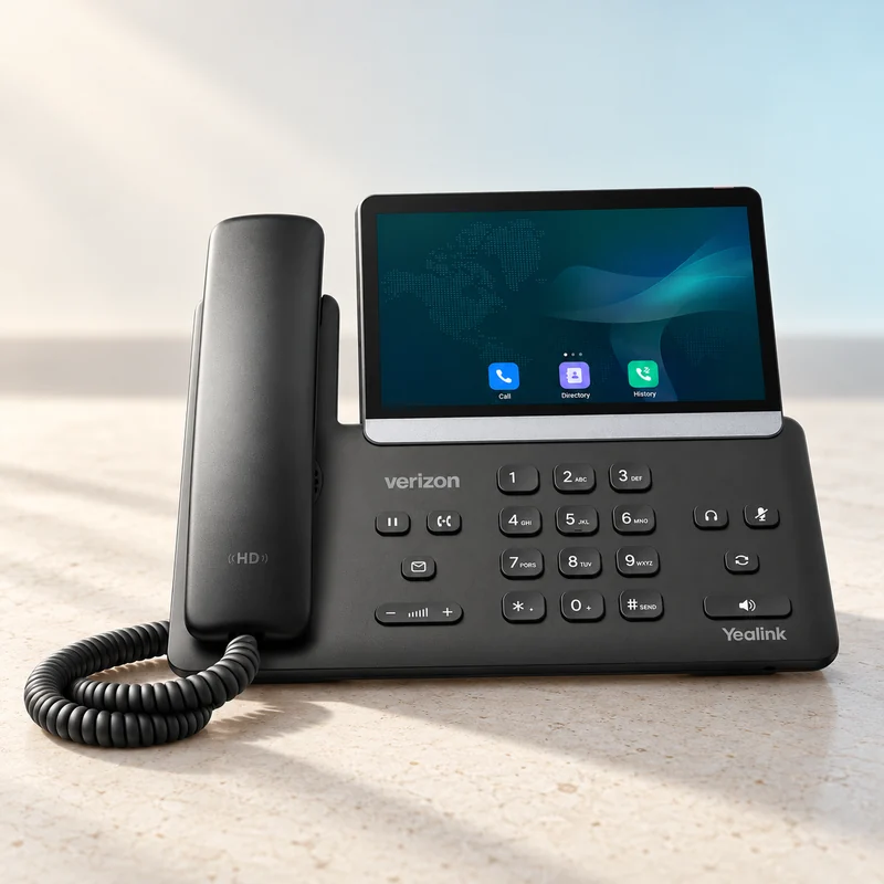 Art-directed study of a One Talk desk phone in soft daylight on an ivory surface