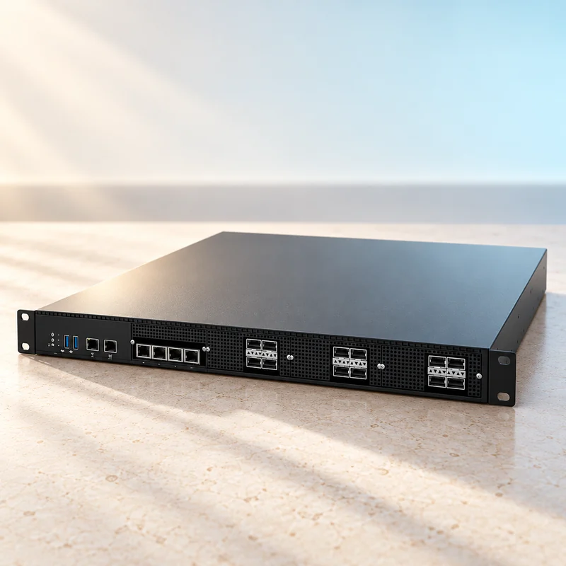 Art-directed study of a Juniper rackmount router on the same softly lit ivory surface