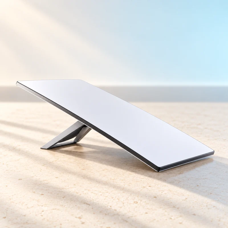 Art-directed study of a rectangular Starlink terminal and kickstand in matching daylight