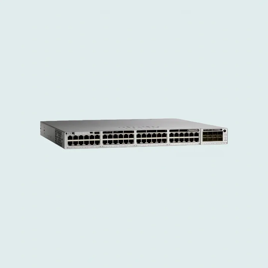 Cisco Catalyst 9300 48-port switch turning from a front view to a three-quarter view