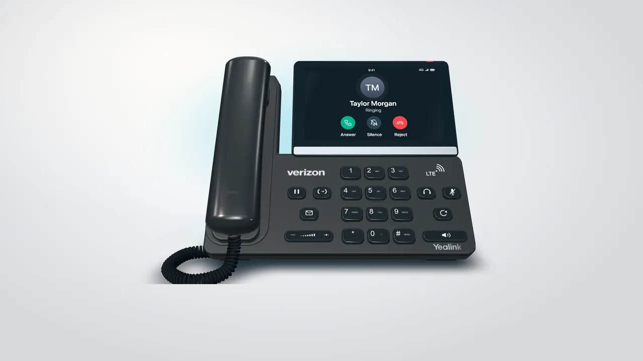 A Verizon One Talk desk phone showing an incoming call from Taylor Morgan