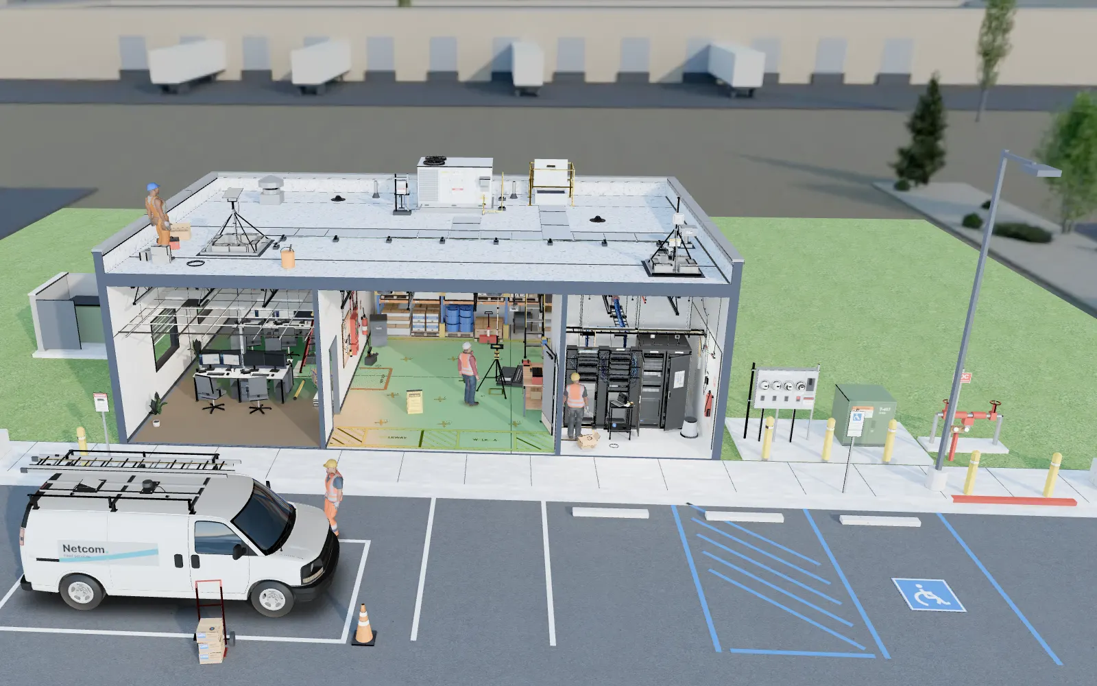 A customer's small warehouse cut open: a survey under way, cable runs in the ceiling, the IT closet, Starlink on the roof and the Netcom van outside.