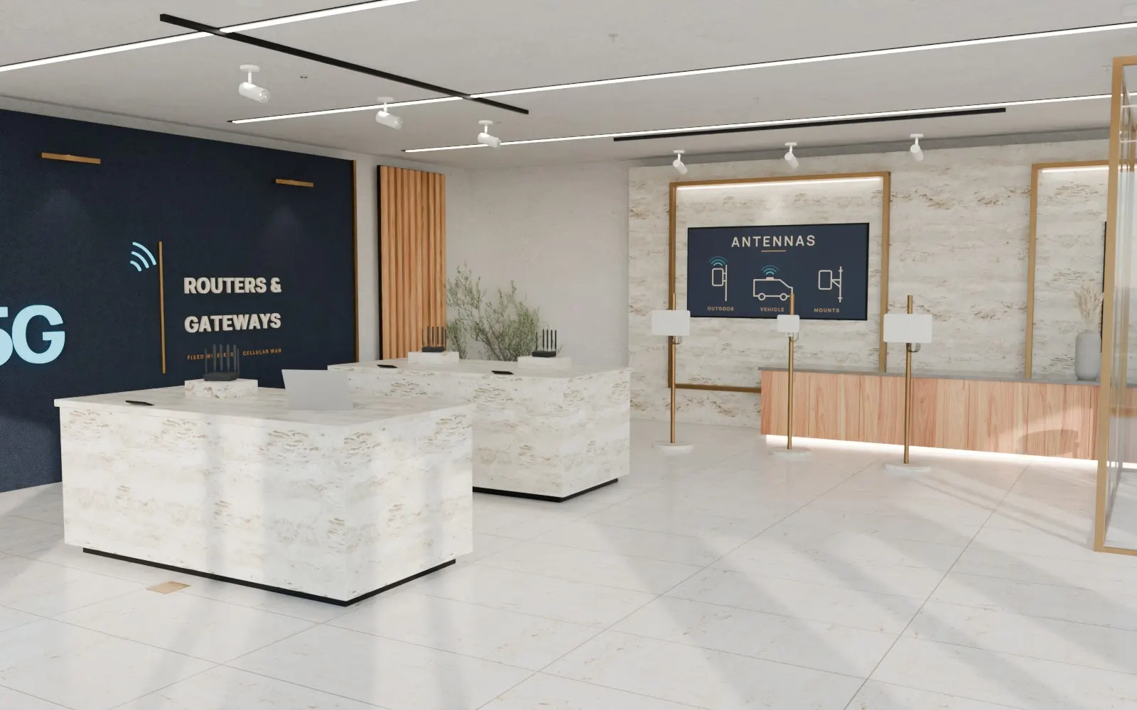 The Netcom Hardware showroom: travertine display islands before a navy 5G wall, antennas on stands at the install wall, a glazed SD-WAN demo room.