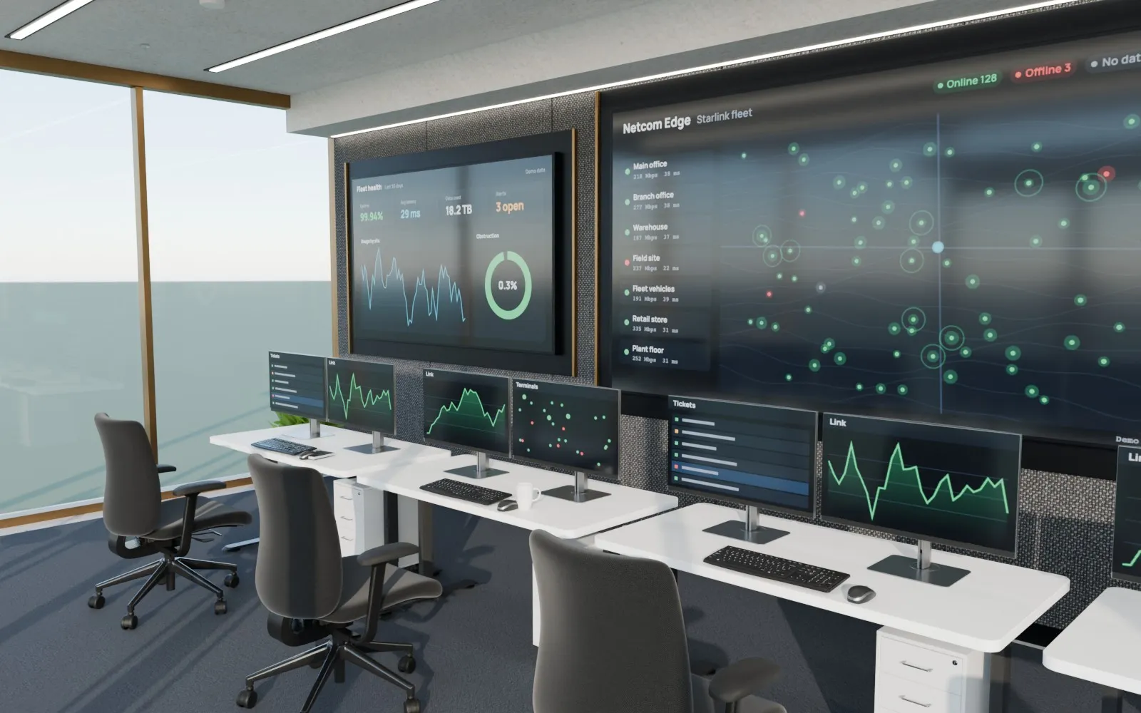 The Netcom Starlink operations room: the Netcom Edge video wall over four operator consoles, Starlink dishes on plinths along the glass.